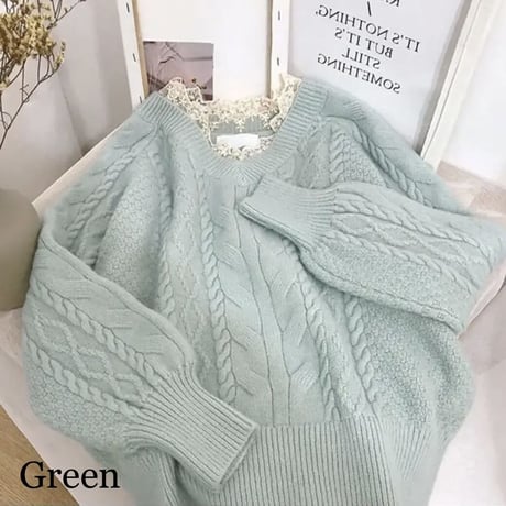 レースネック ケーブルニット 6色展開