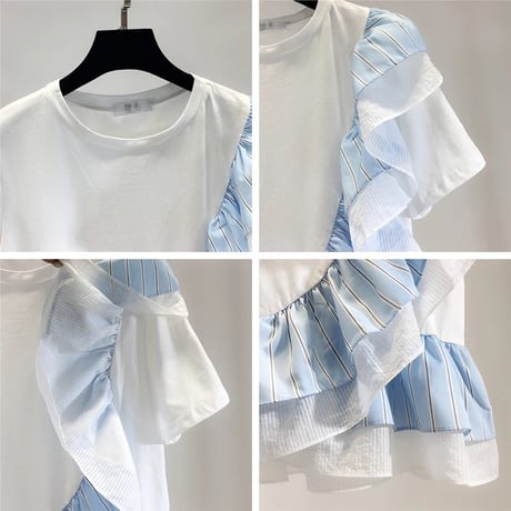 【White即納】シフォンストライプフリルTシャツ 2色展開