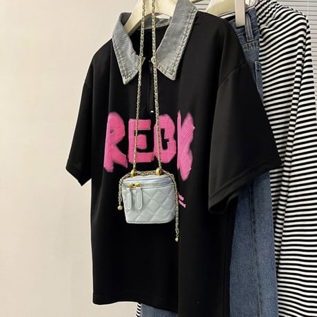 デニムカラー ピンクロゴTシャツ 2色展開