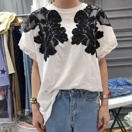 ショルダーレース モノクロTシャツ 2色展開