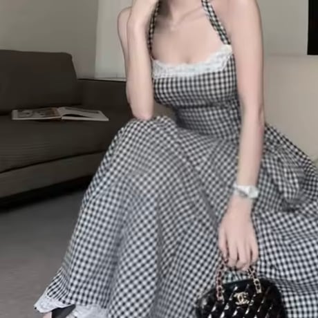 レースパッチワーク チェックロングワンピース