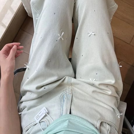 リボンストーンステッチ デニムパンツ