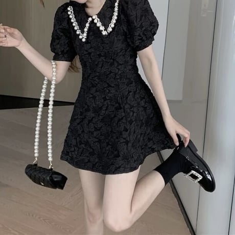パールネック ジャガードミニワンピース 2色展開