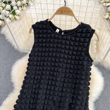 ワッフル ヘムシフォンノースリーブワンピース 2色展開