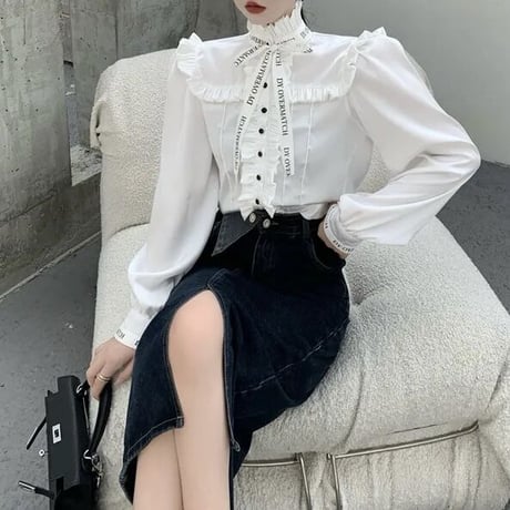 メッセージリボン ハイネックフリルブラウス 2色展開
