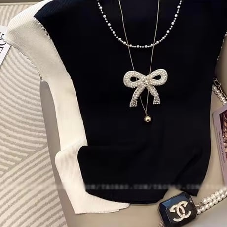 ビジューリボンサマーニットトップス 2色展開