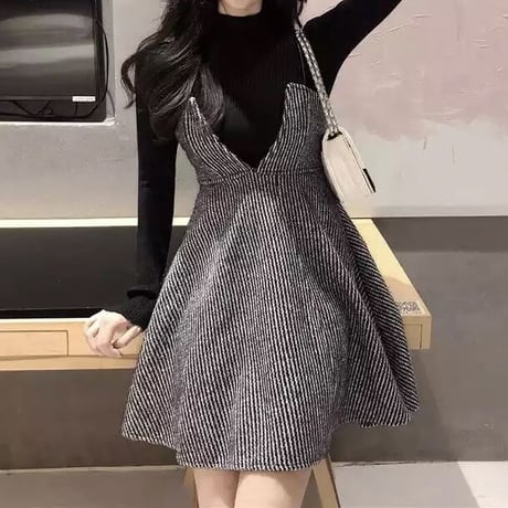 ストラップカットワンピース ニットセット 2色展開