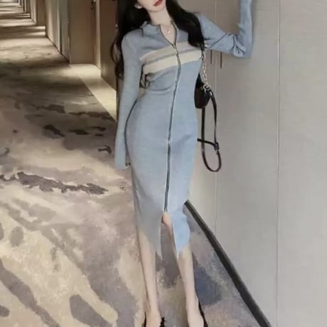 バストボーダー ジッパーリブニットワンピース 2色展開