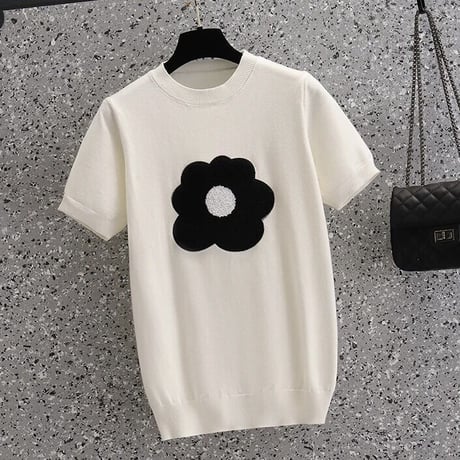 【White即納】モノクロフラワー サマーニット 3色展開