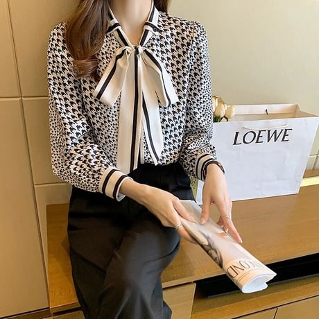 千鳥格子 リボンシフォンブラウス