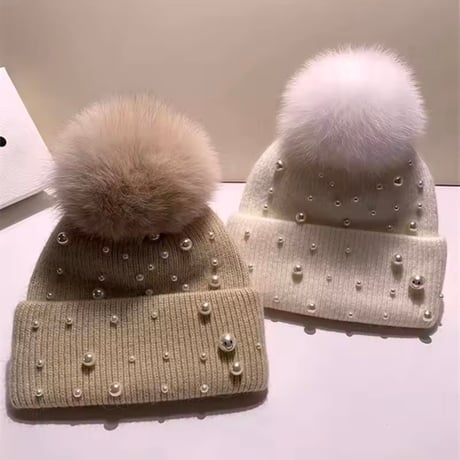 ラビットファーパールニットキャップ 6色展開