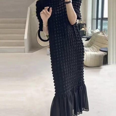 ワッフルシフォンヘム ロングワンピース 2色展開