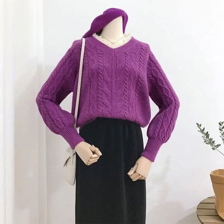レースネック ケーブルニット 6色展開