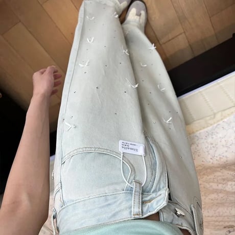 リボンストーンステッチ デニムパンツ