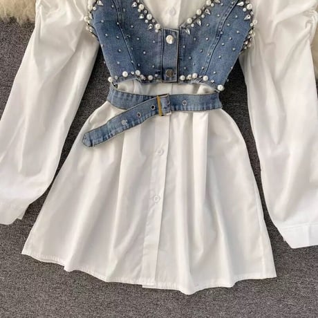 パールブラウス デニムビスチェセット 2色展開
