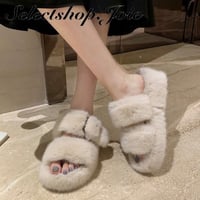 【Black 22.5cm、Ivory23.0cm即納】ボリュームファー ダブルベルトサンダル 4色展開
