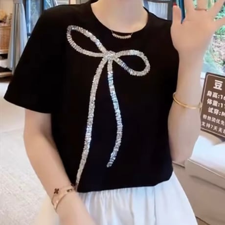 ビジューリボンコットンTシャツ