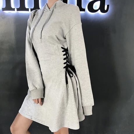 サイドレースアップ フーディワンピース 2色展開