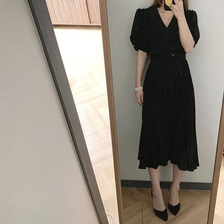 ベルト付き プリーツロングワンピース 3色展開