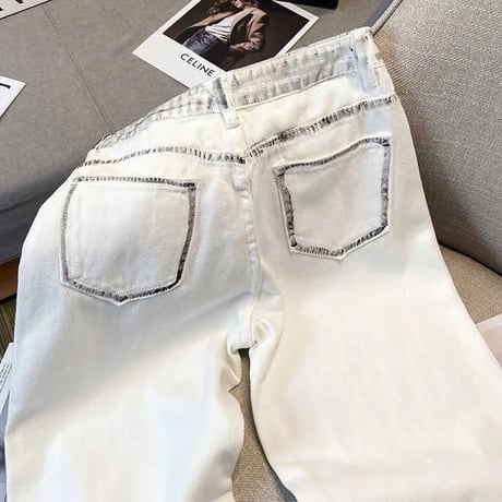 ラインペイント ハイウエストデニムパンツ