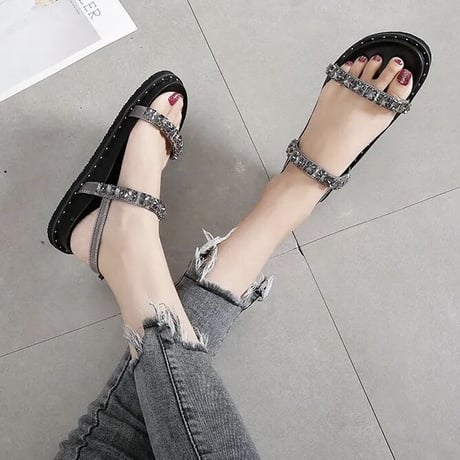 ビジューストラップ フラットサンダル 2色展開