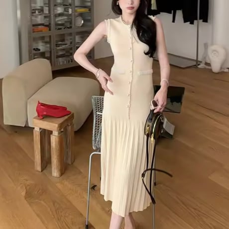 【着丈2種類】パールビーズプリーツワンピース