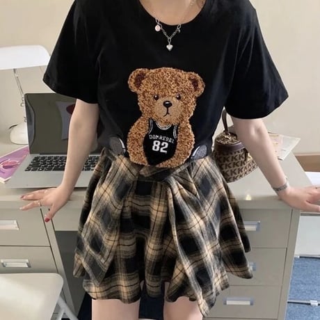 【別売りあり】ベアーTシャツ チェックタイスカートセット