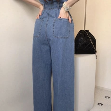 ウエストリボン パフスリーブデニムオールインワン