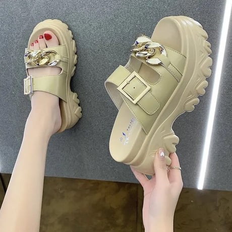 ゴールドチェーンバックル ハイソールサンダル 4色展開