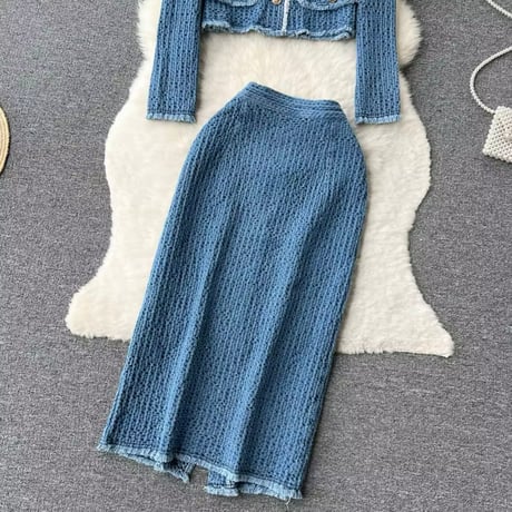 フリンジデニムスカートセットアップ