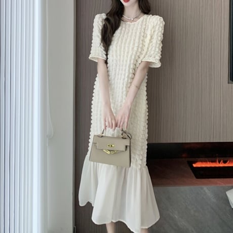 ワッフルシフォンヘム ロングワンピース 2色展開
