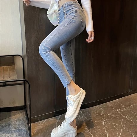 ダブルゴールドボタン ハイウエストスキニーデニム