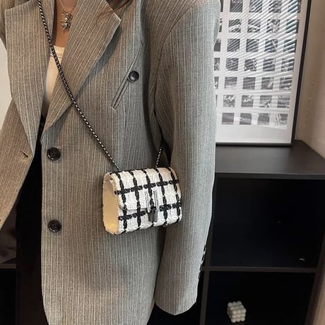 【サイズ2種類】モノクロツイード チェーンバッグ 2色展開
