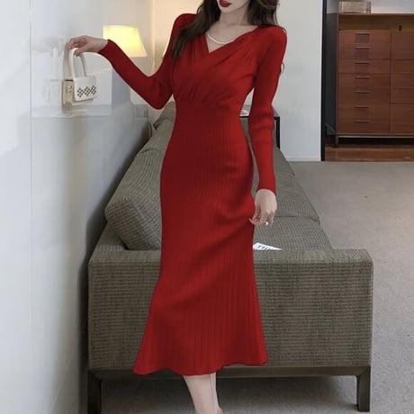Vネック ハイウエストプリーツワンピース 4色展開