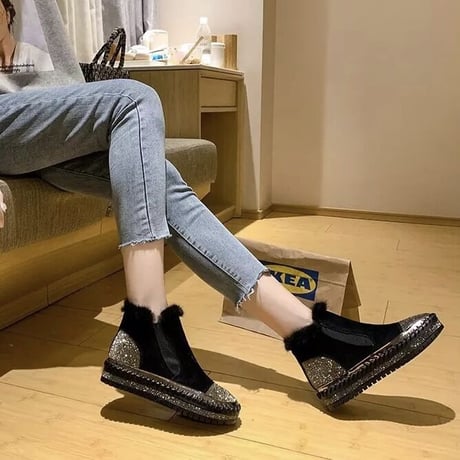 クリスタルストーン ファーショートブーツ 2色展開