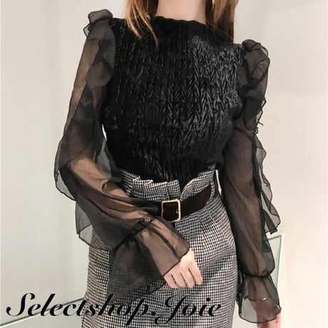 シースルースリーブ ベロアトップス 2色展開