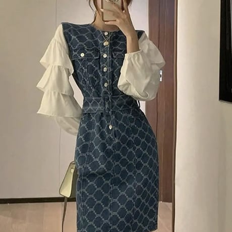 フリルブラウス デザインデニムワンピースセット