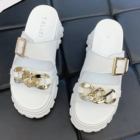 ゴールドチェーンバックル ハイソールサンダル 4色展開