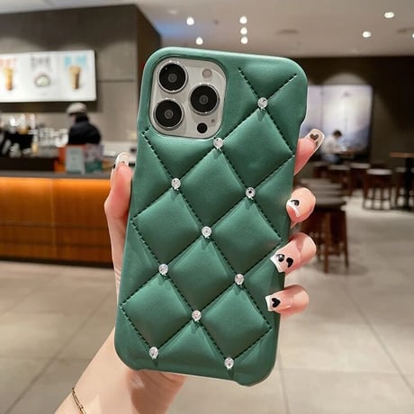 【White 14pro即納】クロスキルティング ストーンiPhoneケース 8色展開