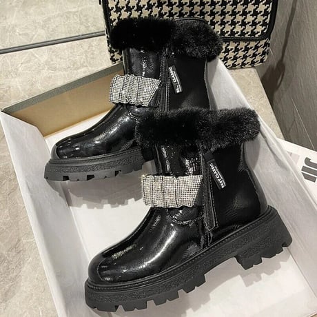 ビジューギャザー ファーショートブーツ 2色展開