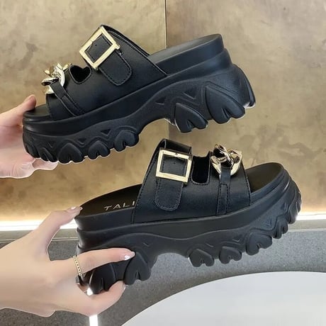 ゴールドチェーンバックル ハイソールサンダル 4色展開