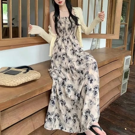 【Navy Sサイズ即納】バストギャザー ローズシフォンワンピース 2色展開