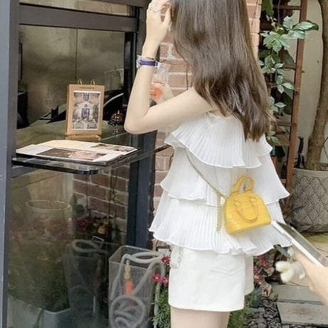 シフォンプリーツ レースカットトップス