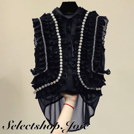 パールパッチワーク フリルノースリーブブラウス 2色展開
