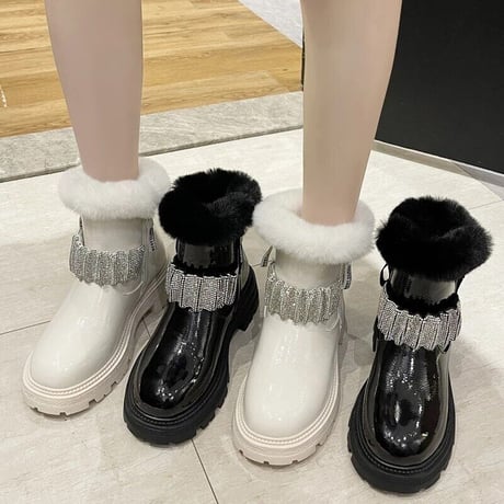 ビジューギャザー ファーショートブーツ 2色展開