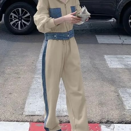 デニムパッチワーク スウェットセットアップ 2色展開