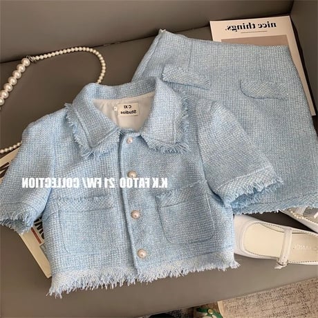 パールボタン フリンジツイードセットアップ 3色展開