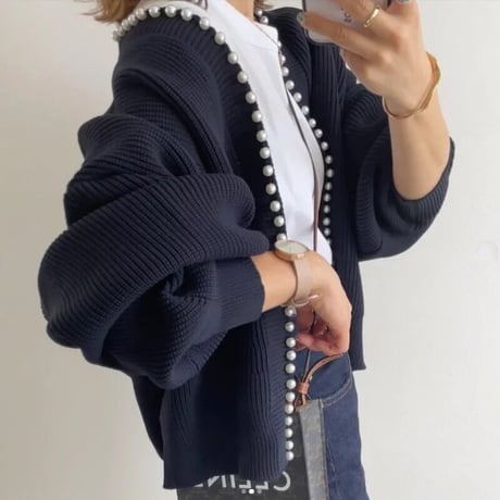 バルーンスリーブ パールニットカーディガン 2色展開
