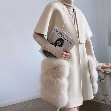 【高品質】フォックスファーポケット カシミヤケープコート 5色展開