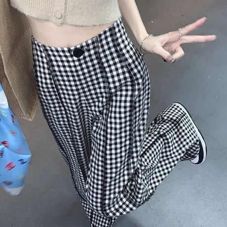 ハイウエストチェック ステッチパンツ